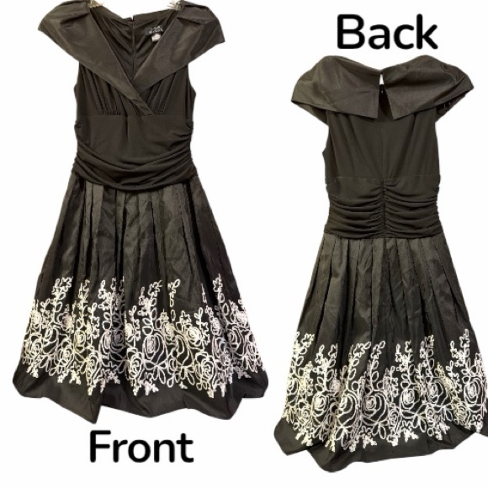 NEW La Nouvelle Renaissance Black Cocktail Dress | White Floral Embroidery
